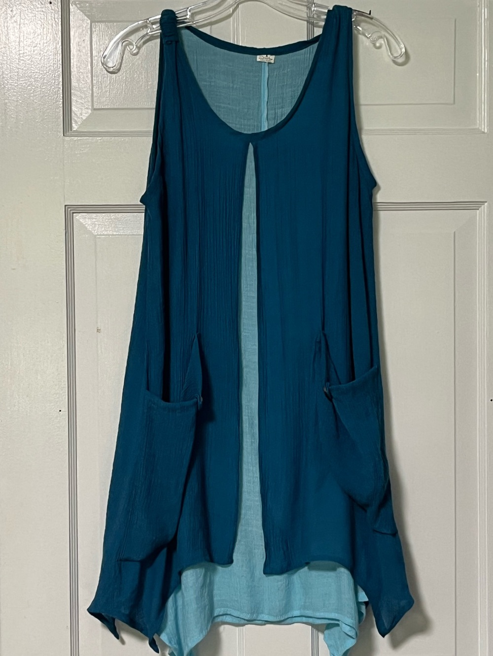 Silk cotton aqua blue blend sleeveless layered split front high-low tunic top